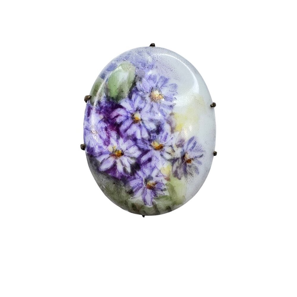 Hand Painted Porcelain Purple Aster Floral Brooch Brass Victorian 1890s Antique